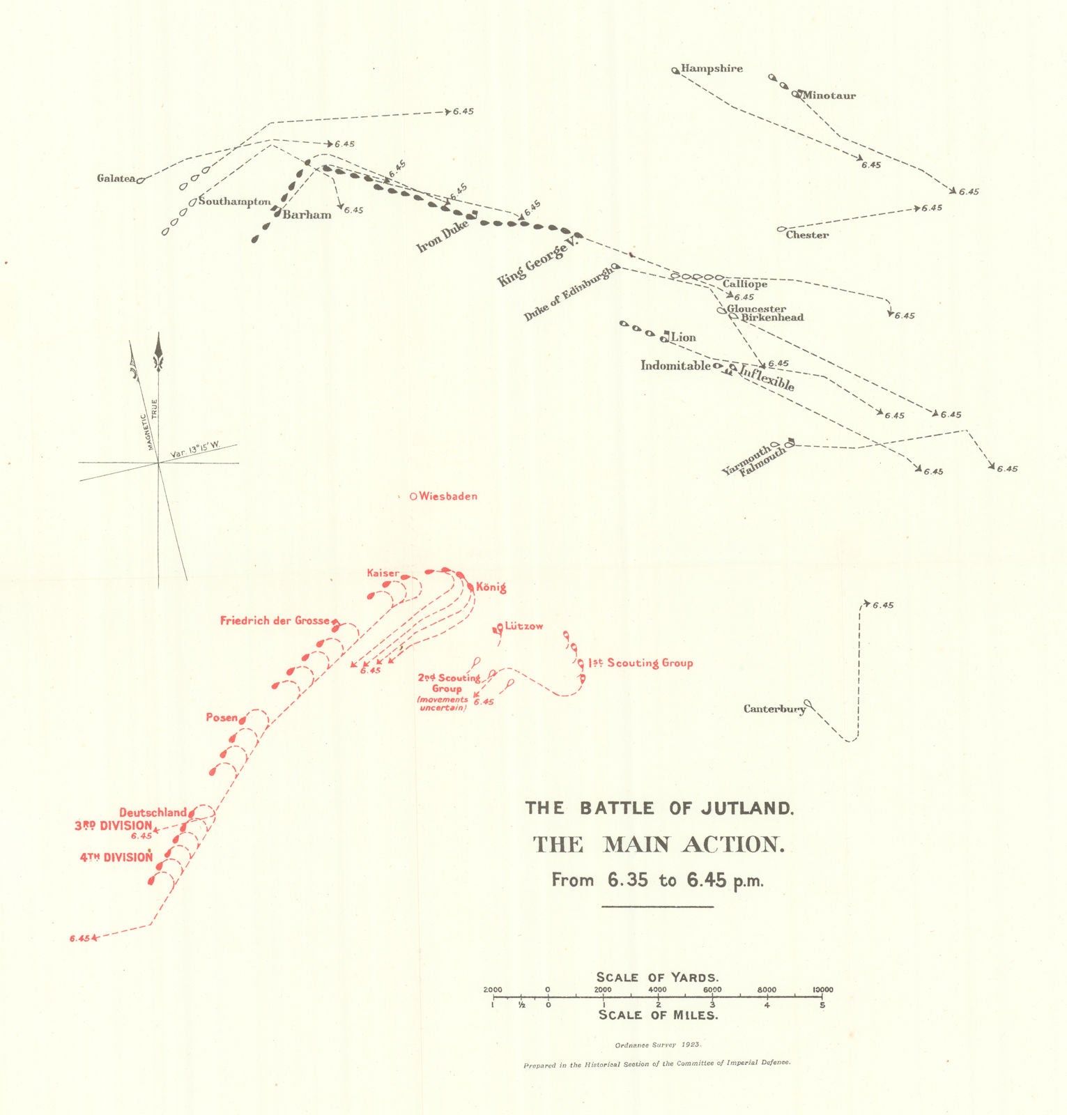 Battle of Jutland. Main Action. 6.35-6.45 pm 31 May 1916. WW1. 1923 old map